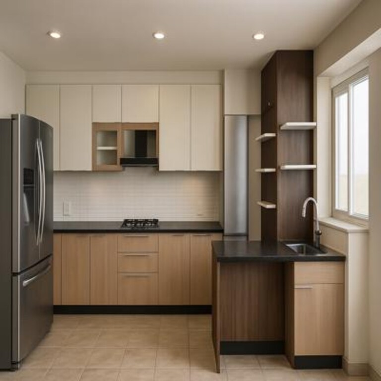 Contemporary Wood and Cream LShaped Kitchen