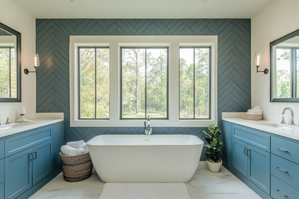 Modern Off White And Teal Blue Bathroom Design With Herringbone Wall Pattern