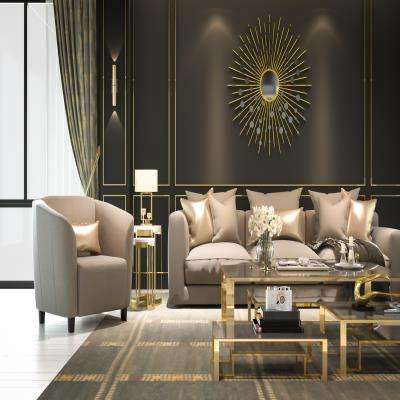 Gleaming Black and Gold Living Room Design With Beige Sofa Set