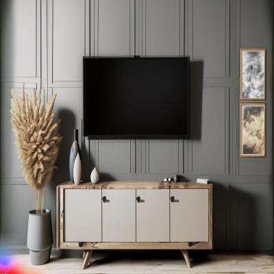Rustic TV Unit Design with a Grey Wainscoting wall