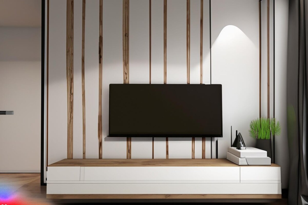 Sleek Modern TV Unit Design in White and Wood Laminate