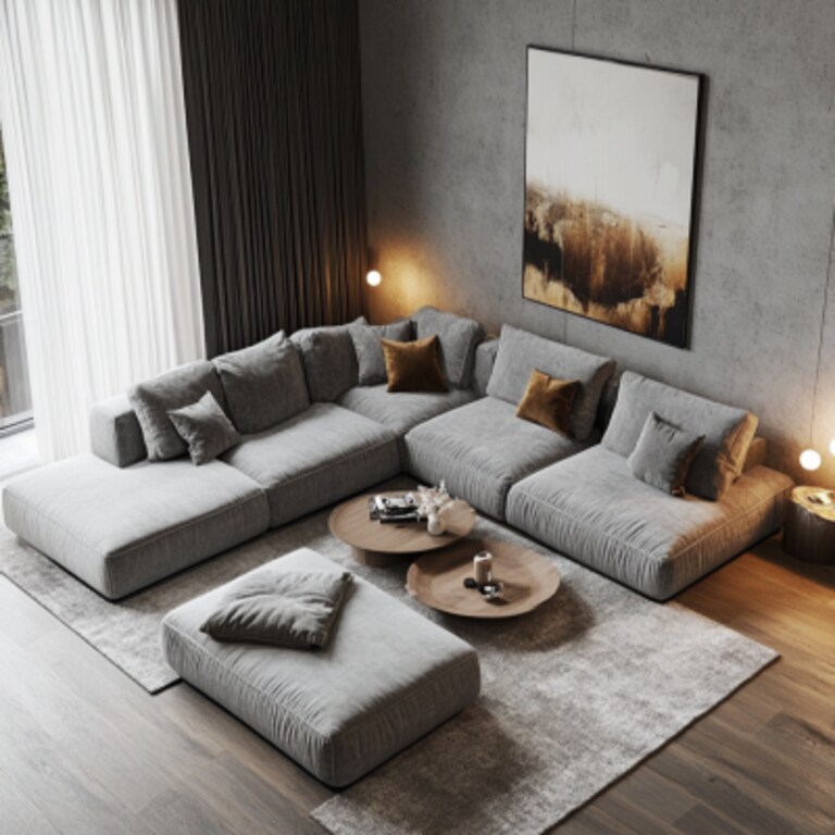 Modern Living Room Design With A Grey Upholstered L-Shaped Sofa