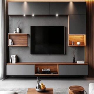 Contemporary Wall Mounted TV Unit Design With Grey Panel And Brown Inlays