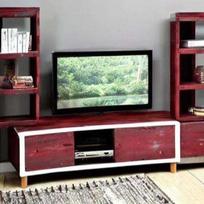 Rustic TV Unit Design in Maroon Laminate and Wooden Floor