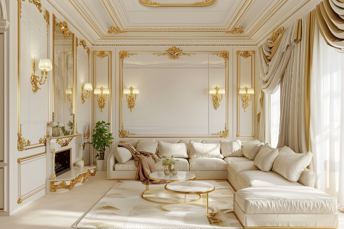 Contemporary Living Room Design With White And Gold Wall Trims