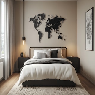 Modern Bedroom Wall Design With Black Metal World Map Deco