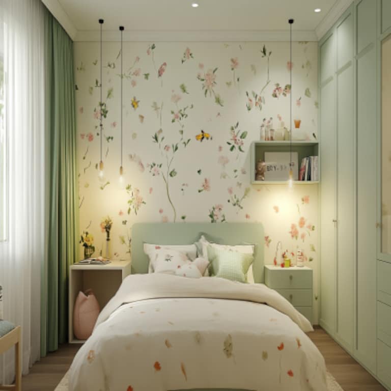 Modern Girls Room Design With Floral Wallpaper And 2 Door Frosted Wardrobe