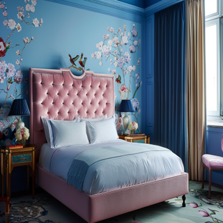 Classic Master Bedroom Design With Pink Bed And Blue Walls