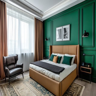 Contemporary Master Bedroom Design With Green Accent Wall And Trims