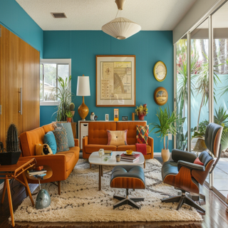 Blue and Brown Mid-Century Modern Living Room Design