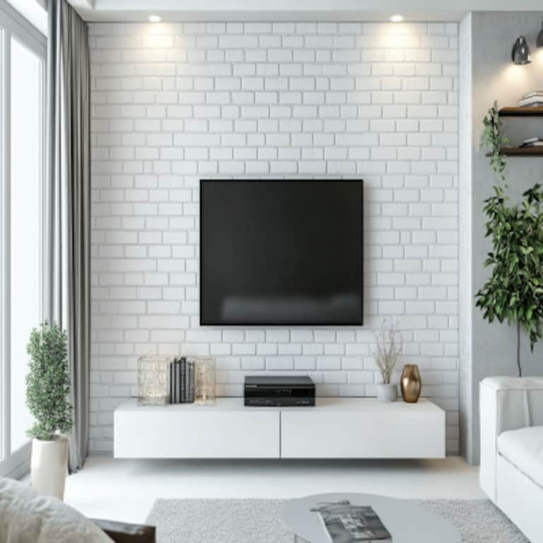 Contemporary Frosty White TV Unit Design With White Brick Wallpaper