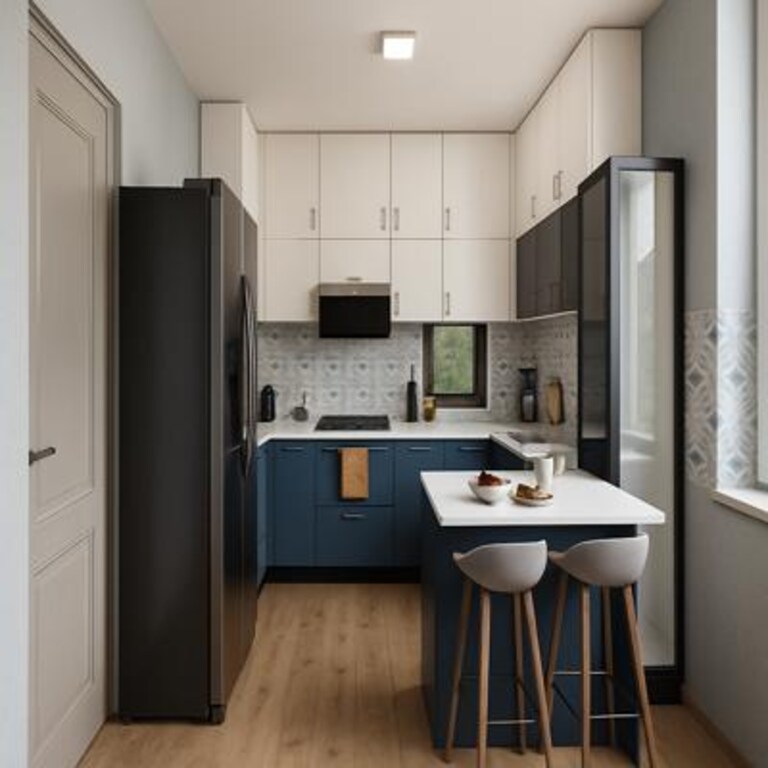 Medium Matte Finish Modern UShaped Modular Kitchen Design with Breakfast Counter Medium Matte Finish Modern UShaped Modular Kitchen Design with Breakfast Counter