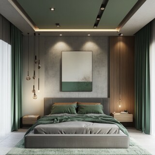 Contemporary Single-Layered Gypsum Bedroom Ceiling Design With Grey And Green Interiors