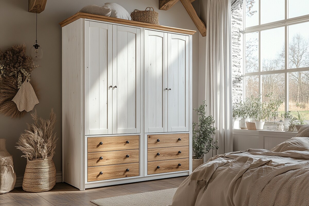 Classic White And Wood 4-Door Space Saving Wardrobe Design With Loft Storage