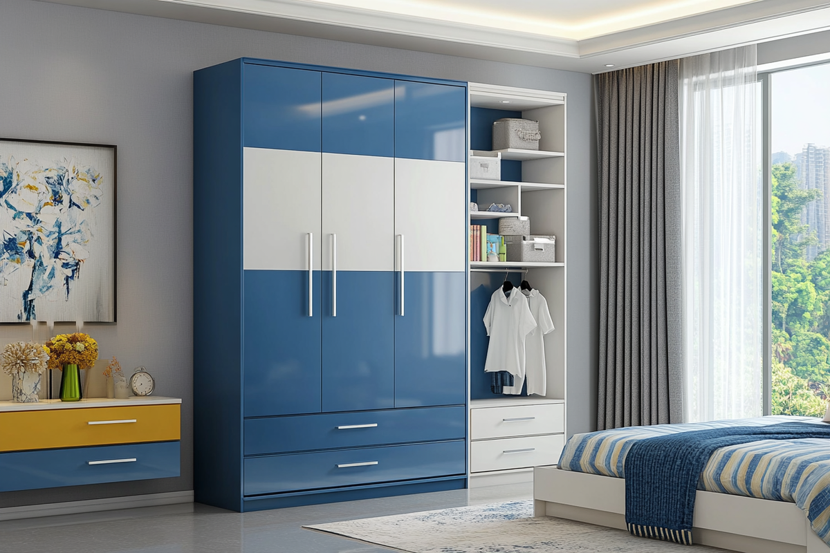 Modern Blue And White 3-Door Swing Wardrobe Design With Open Shelf Unit