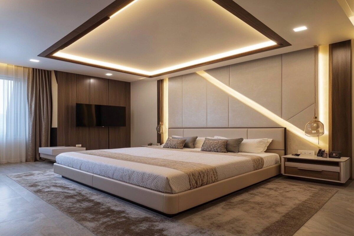 Modern Rectangle Single-Layered Bedroom False Ceiling Design In POP Modern Rectangle Single-Layered Bedroom False Ceiling Design In POP