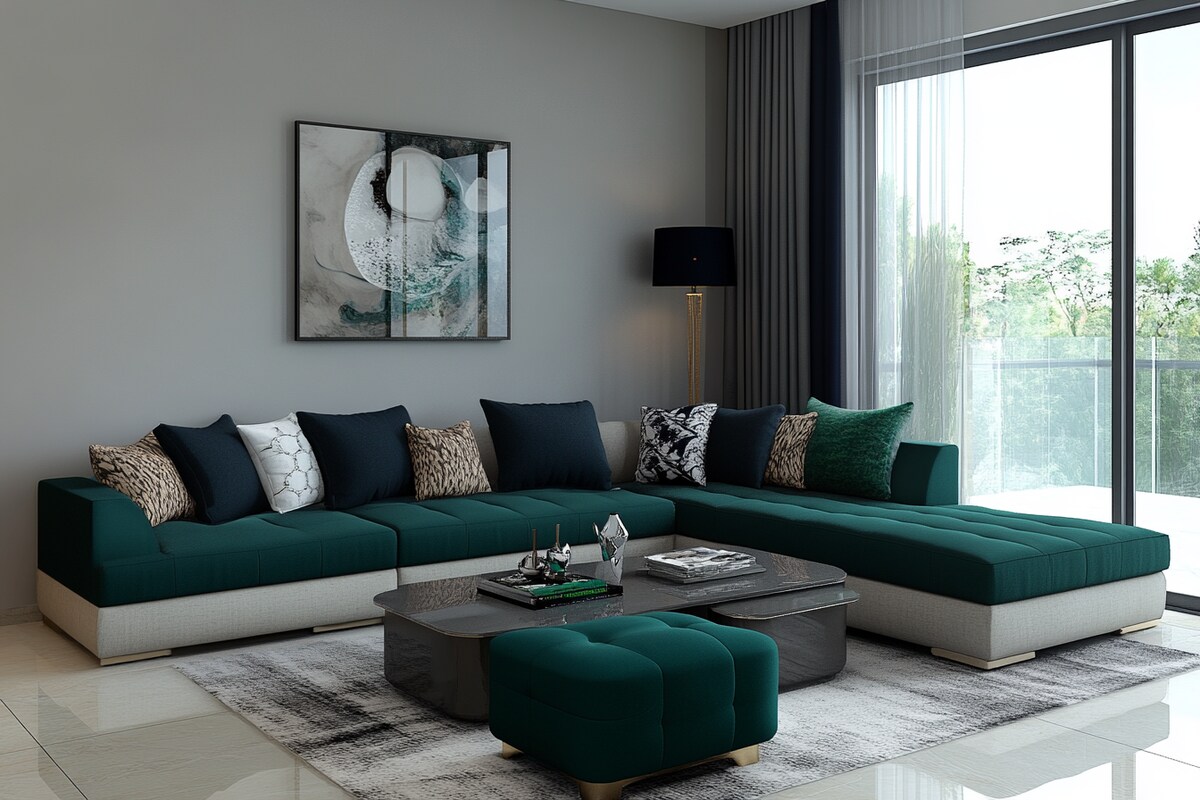 Contemporary Living Room Design with L-Shaped Sofa and Nesting Tables