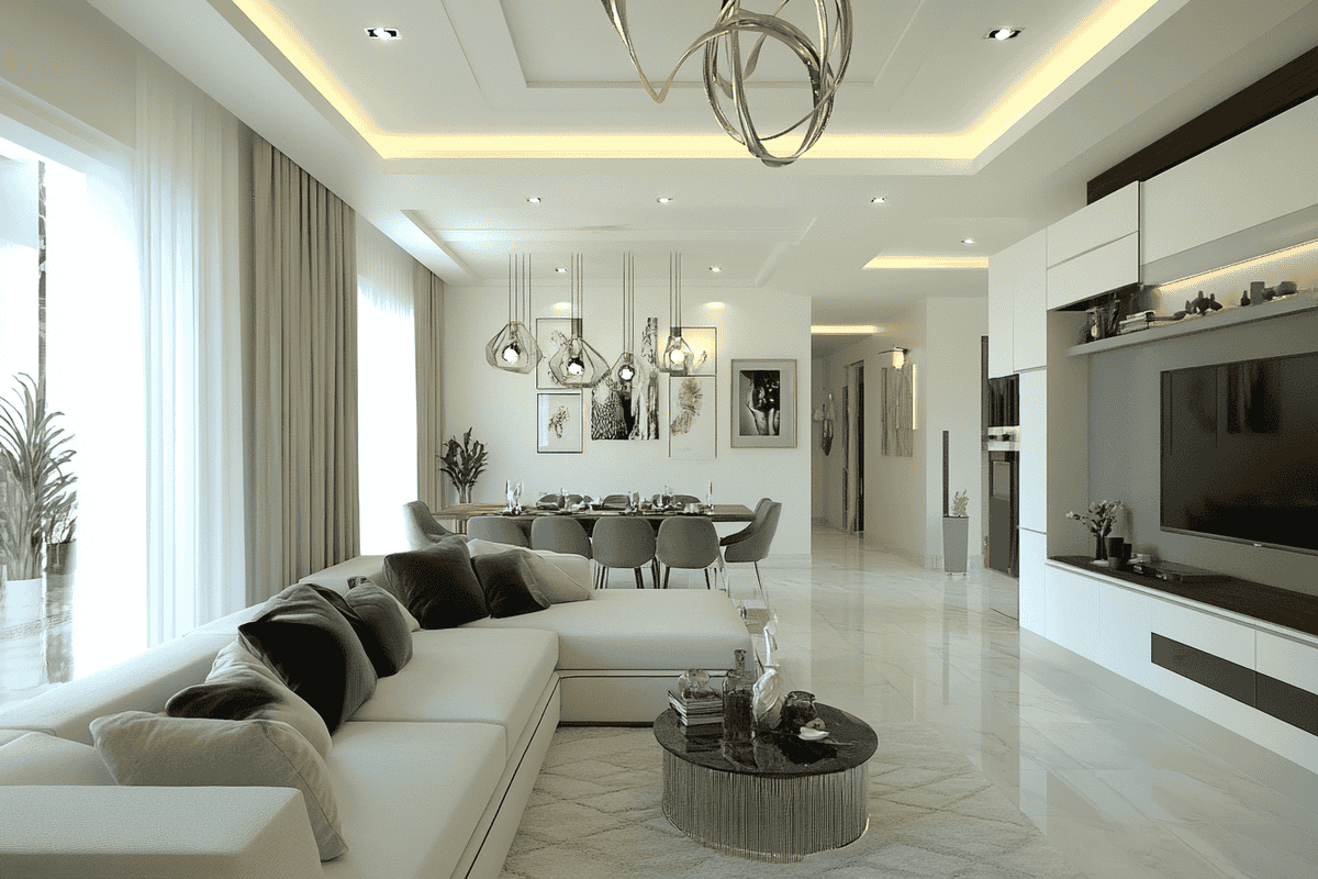 White and Bright Contemporary Living Room Design With L-Shaped Sofa