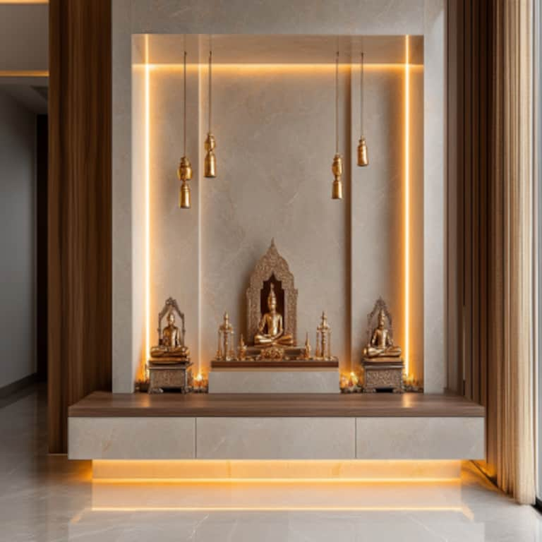 Modern Floor Mounted Mandir Design With Champagne Toned Base Unit