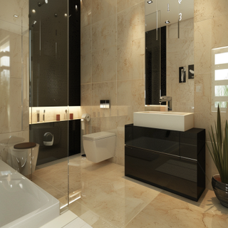 Modern Cream And Black Small Bathroom With Glass Partition