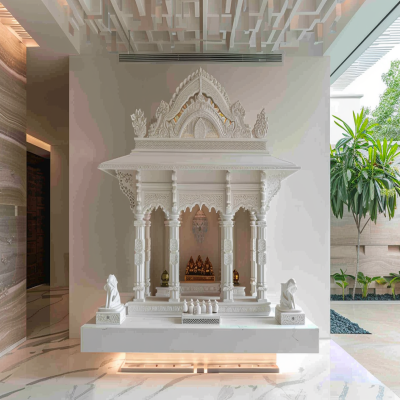 Traditional Open Mandir Design With Frosty White Base Unit