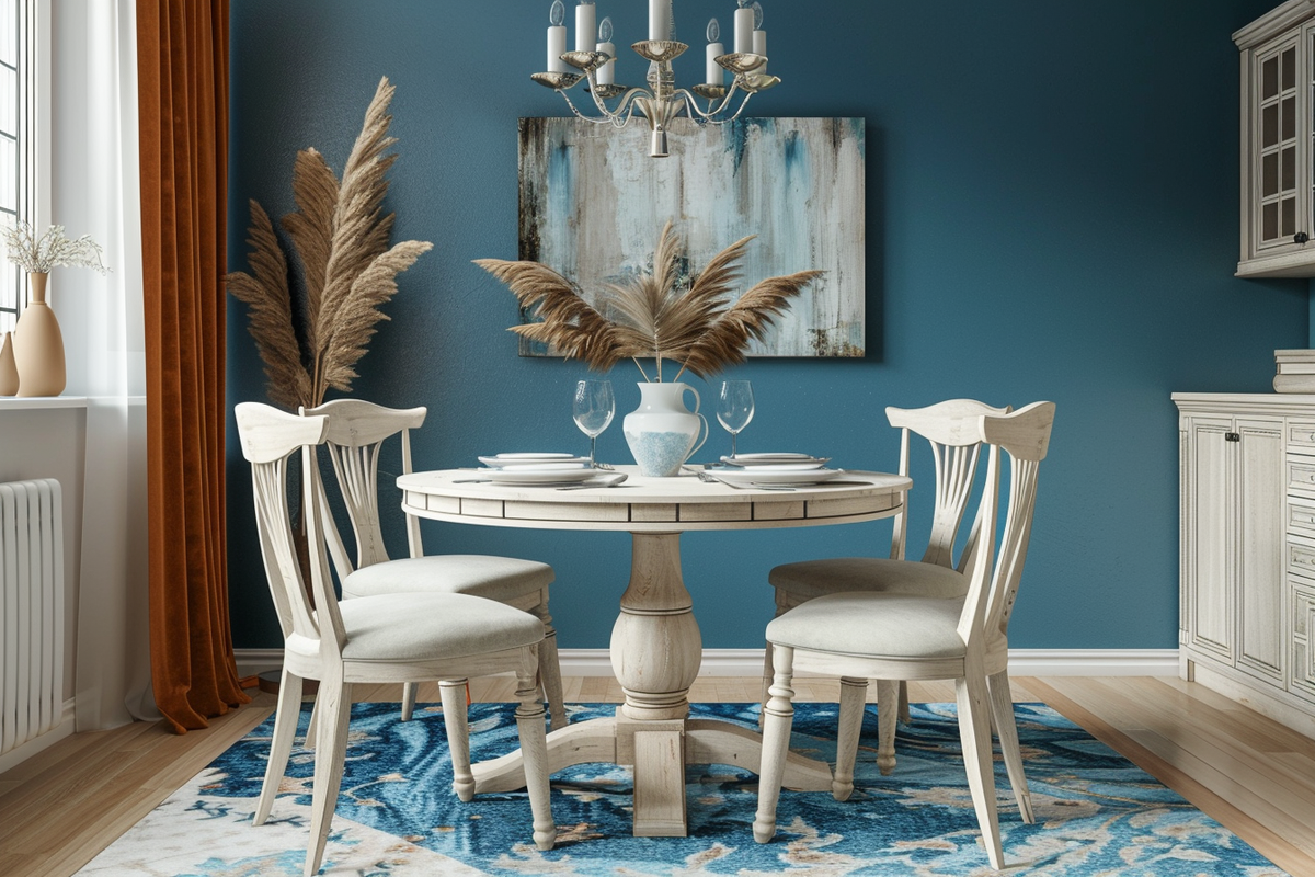 Classic Round 4-seater Wooden Dining Room Design With Pastel-Toned Accent Wall