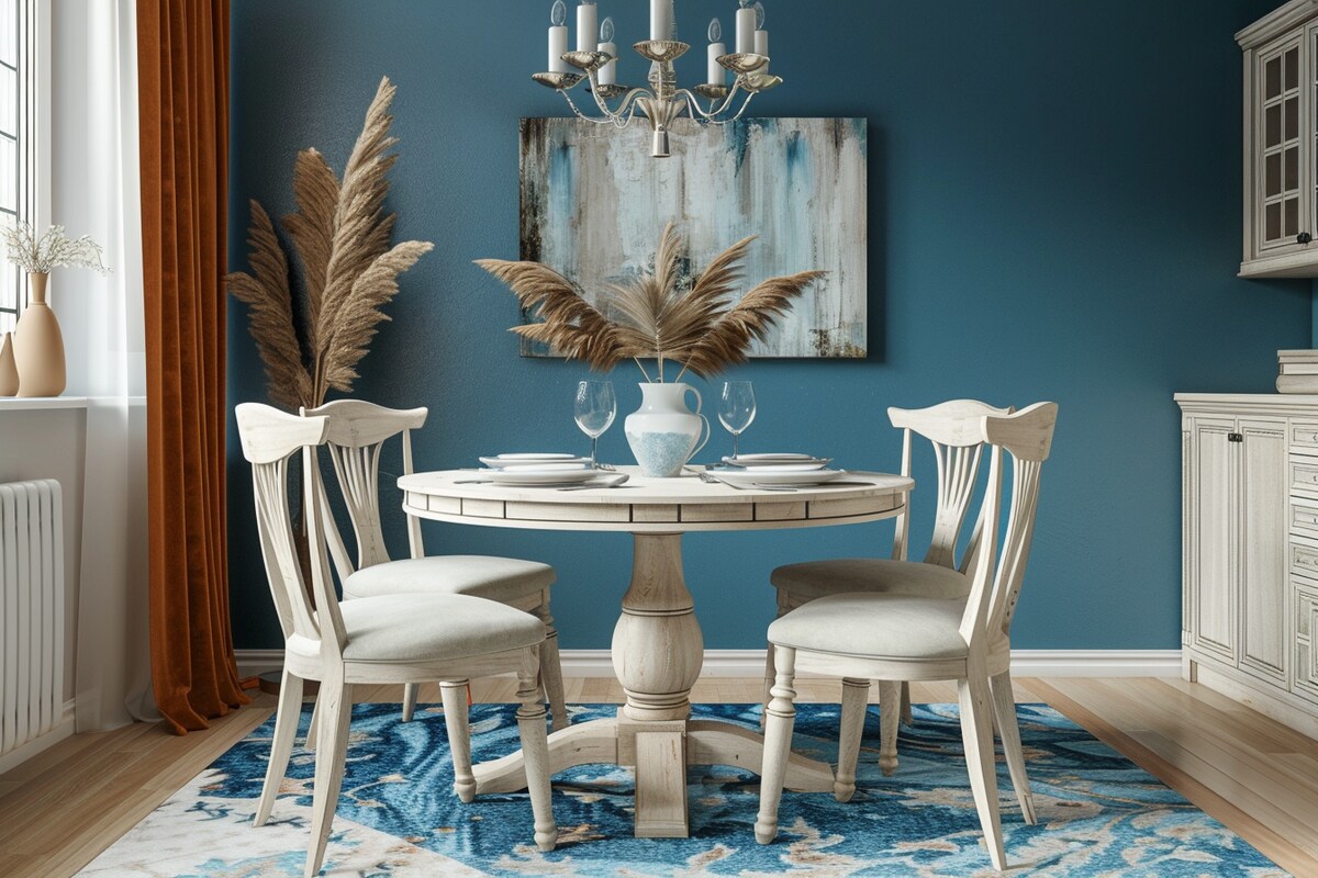 Classic Round 4-seater Wooden Dining Room Design With Pastel-Toned Accent Wall Classic Round 4-seater Wooden Dining Room Design With Pastel-Toned Accent Wall
