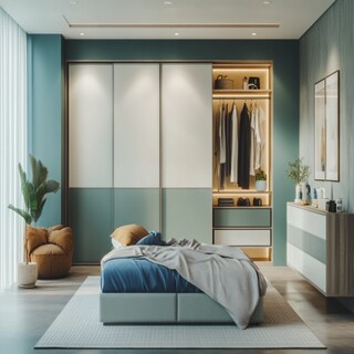 Modern Sliding Door Wardrobe in Frosty White and Shore Blue with Suede Finish