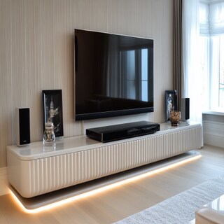 High-Gloss Modern TV Unit Design with White Base and Fluted Panels