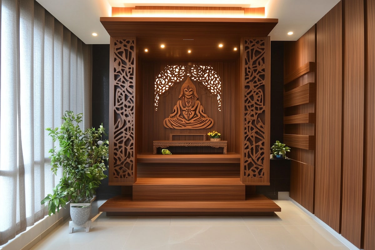 Contemporary Mandir Design With Wooden Laminate