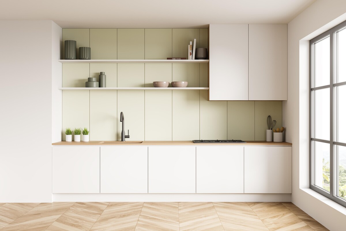 Minimalistic Modular Kitchen Design with Wooden Flooring Minimalistic Modular Kitchen Design with Wooden Flooring