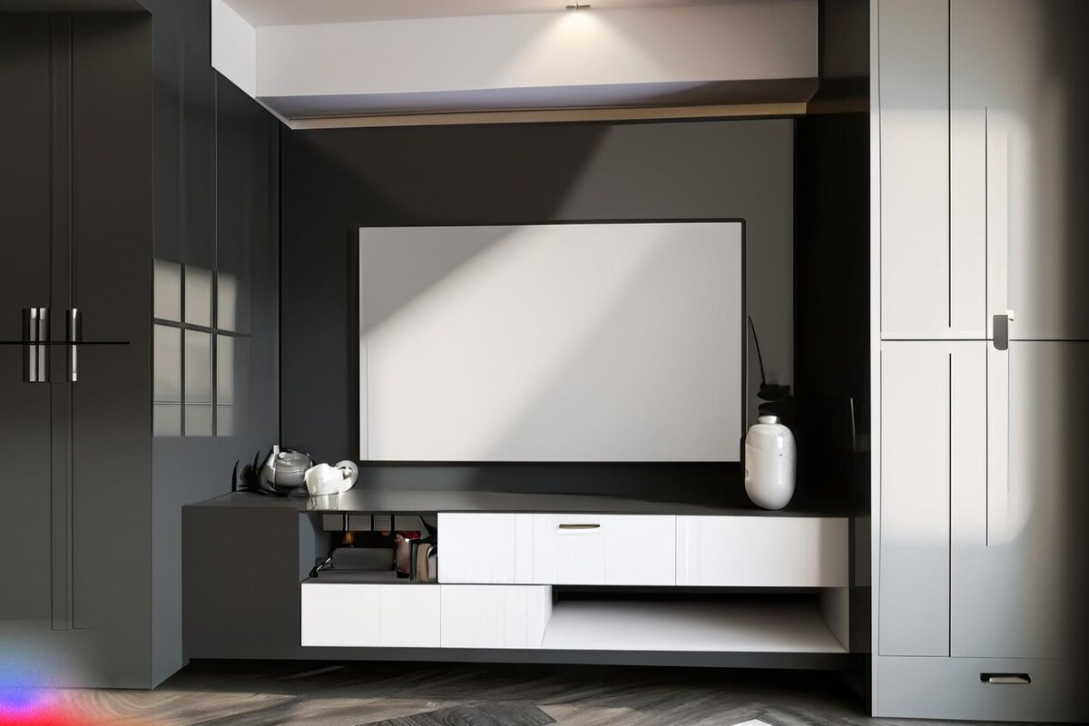 Modern TV Unit Design with Glossy White Laminate