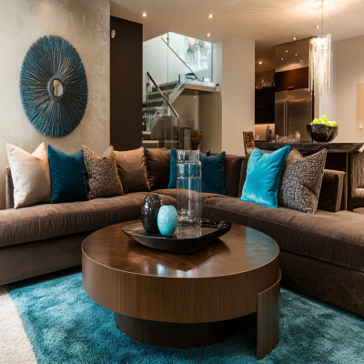 Modern Brown And Blue Living Room Design With White Double Coffee Table