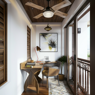 Classic Closed Balcony Design With Study Table And Wooden False Ceiling