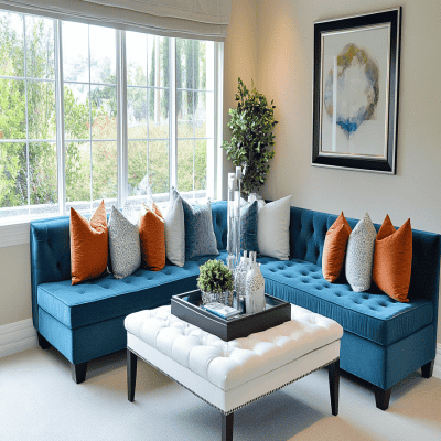 Contemporary Living Room Design With Blue Sofa and White Bench