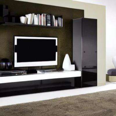 Contemporary TV Unit Design in Black Laminate with Floating Open Shelf