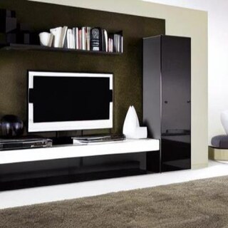Contemporary TV Unit Design in Black Laminate with Floating Open Shelf