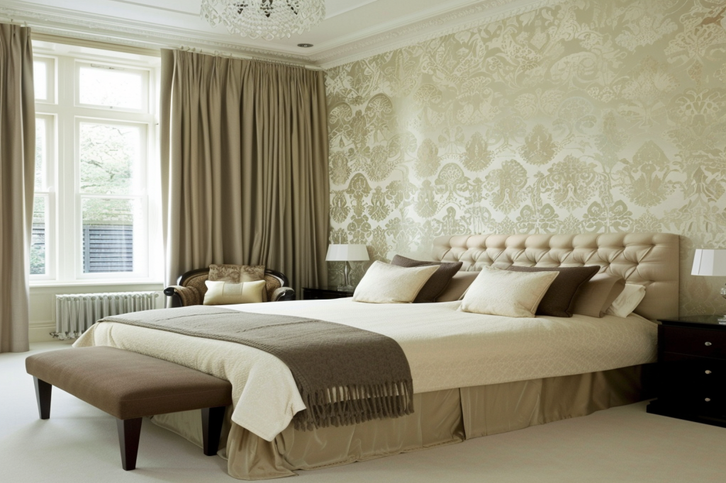 Contemporary Master Bedroom Design With Beige Damask Wallpaper