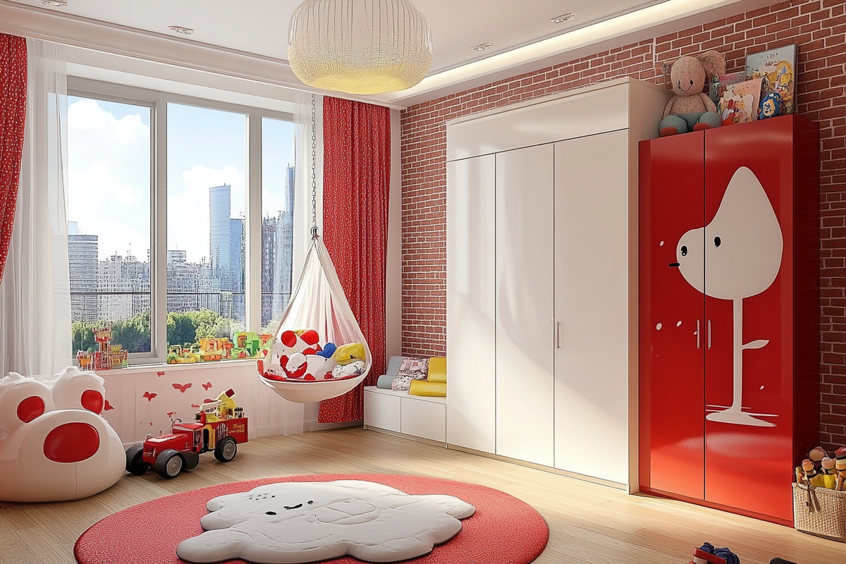 Modern Kids Room Design With Brick Red And White Swing Wardrobe