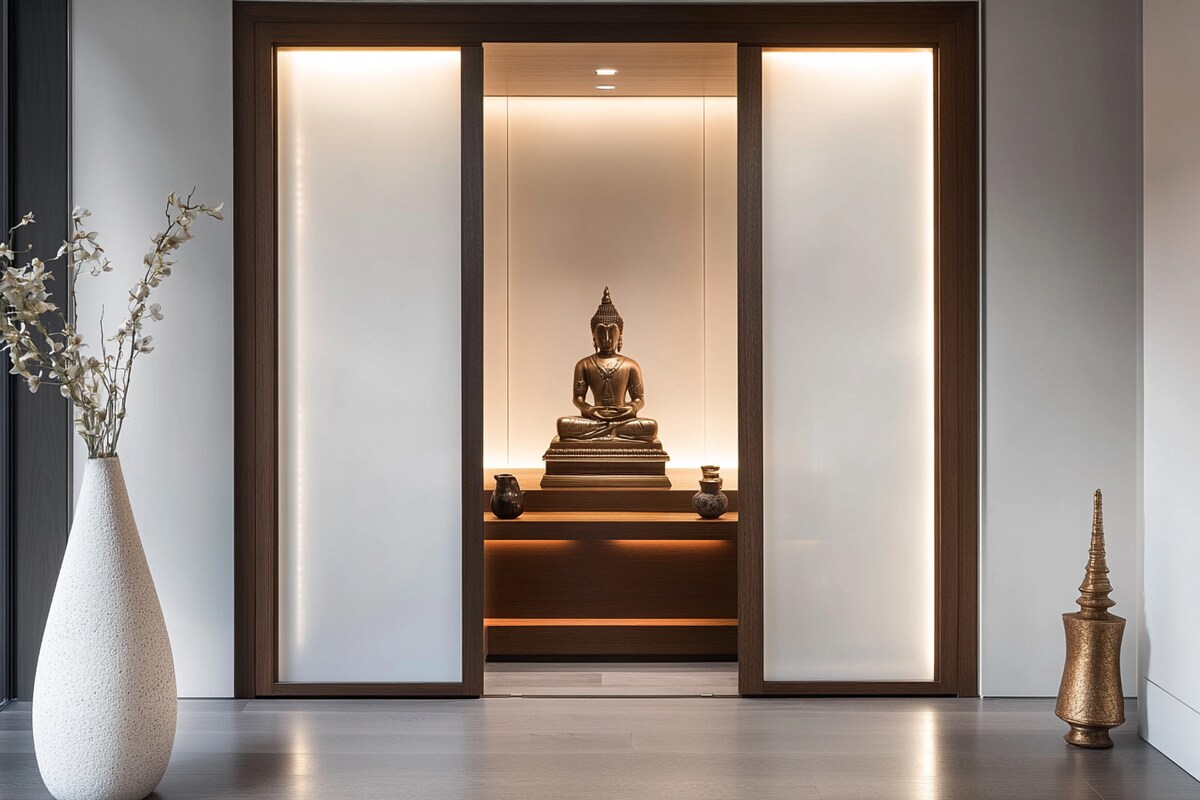 Contemporary Mandir Design With Frosted Glass Doors