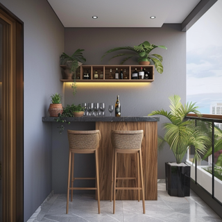 Tropical Balcony Design With Grey Wall And Wooden Bar Unit