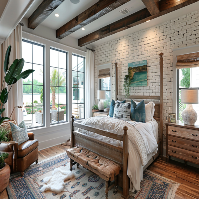 Classic White Brick Master Bedroom Design With 4-poster Wooden Bed