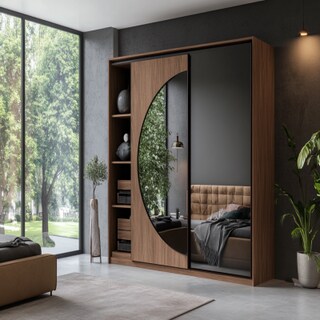 Contemporary Cappucino 2-Door Sliding Door Wardrobe Design With Mirror And Loft Storage