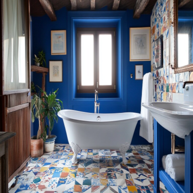 Eclectic Blue And White Bathroom Design With Multicolour Patterned Flooring