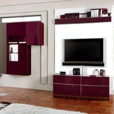 Classic TV Unit Design in Maroon Laminate with Maroon Cabinets
