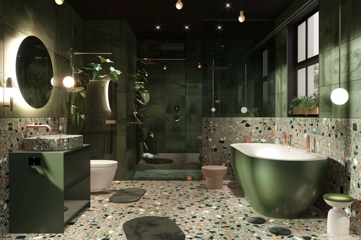 Contemporary Dark Green Bathroom Design With Terrazzo Flooring