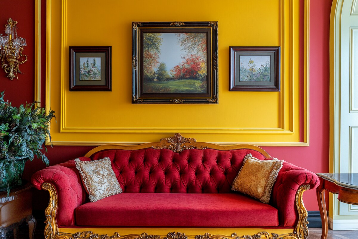 Classic Yellow And Red Wall Paint Design With Wall Frames