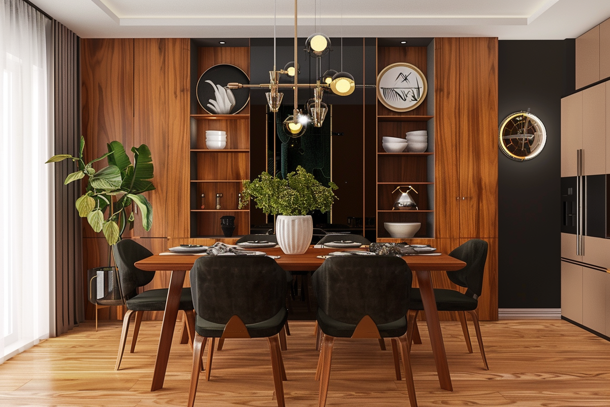 Mid-Century Modern 6-Seater Wood And Black Dining Room Design With Crockery Units