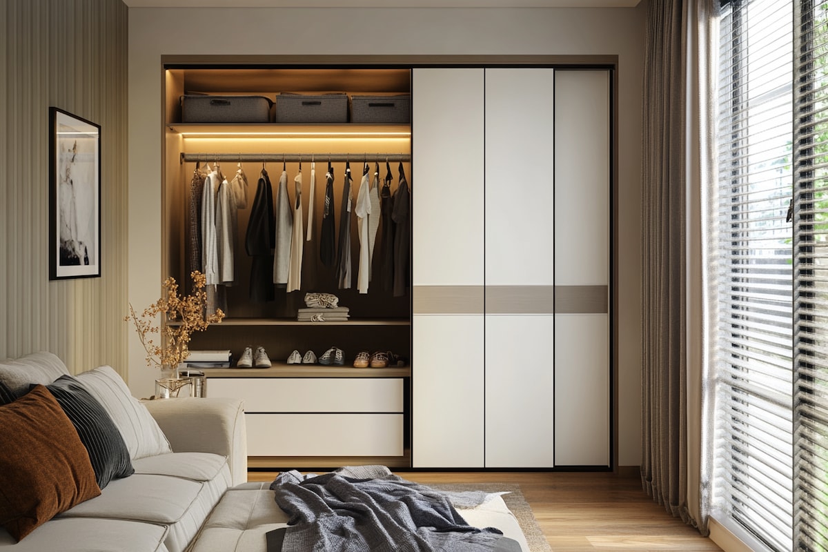 Modern Glossy Frosty White 3-Door Sliding Wardrobe Design With Beige Shutter