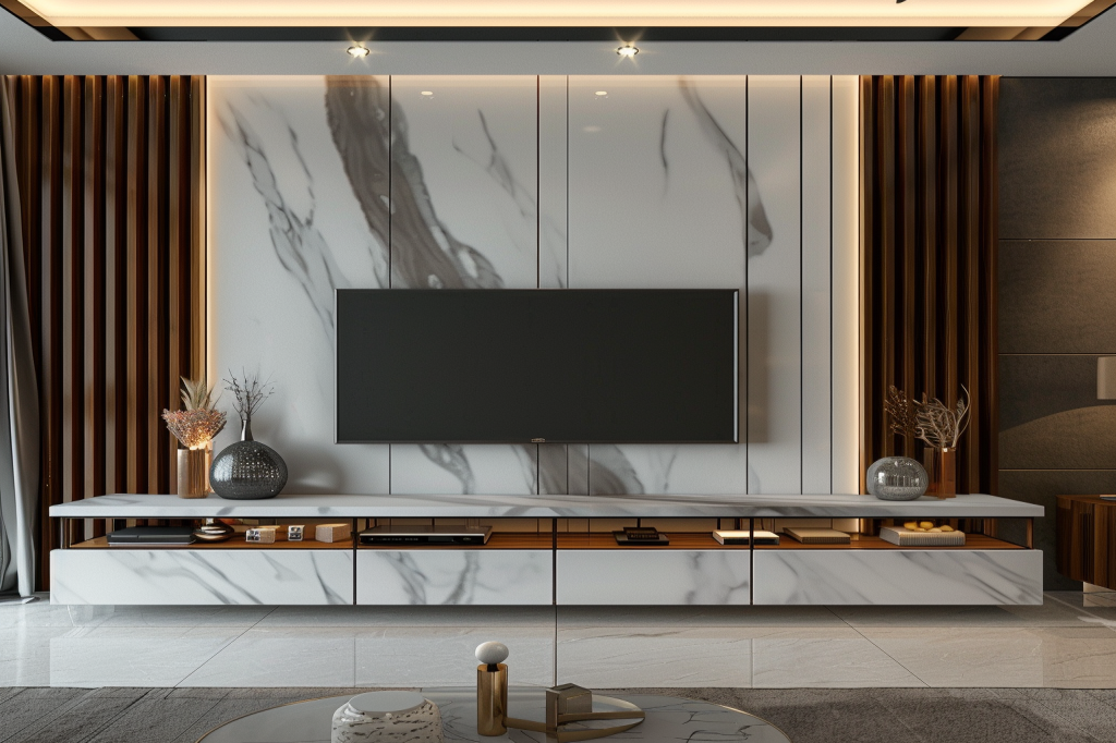 Grey And White Modern TV Unit Design With Wooden Fluted Panelling And White Marble Accent Wall